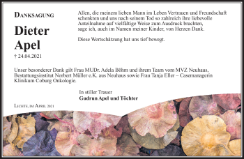 Traueranzeige von Dieter Apel von Südthüringer Presse