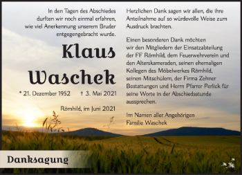 Traueranzeige von Klaus Waschek von Südthüringer Presse