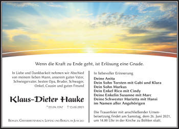 Traueranzeige von Klaus-Dieter Hauke von Südthüringer Presse