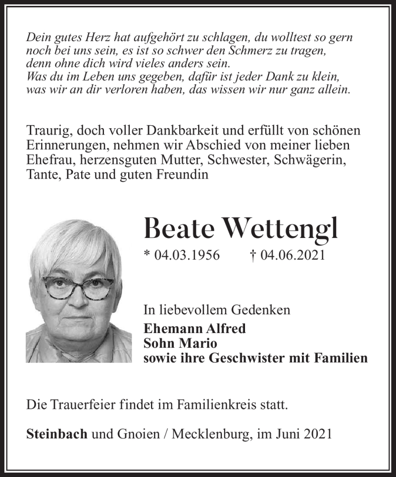  Traueranzeige für Beate Wettengl vom 19.06.2021 aus Südthüringer Presse