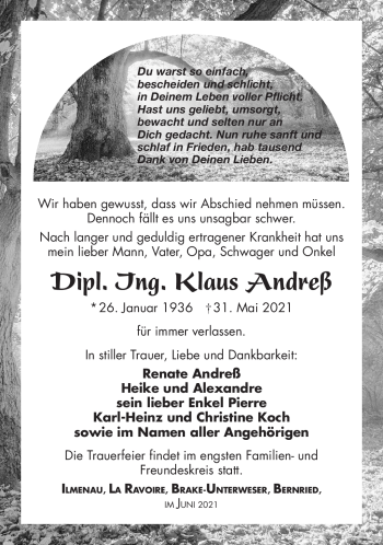 Traueranzeige von Klaus Andreß von Südthüringer Presse