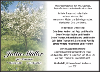 Traueranzeige von Jutta Müller von Südthüringer Presse
