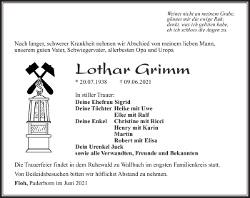 Traueranzeige von Lothar Grimm von Südthüringer Presse