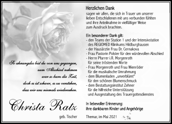 Traueranzeige von Christa Ratz von Südthüringer Presse