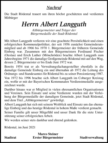 Traueranzeige von Albert Langguth von Neue Presse Coburg