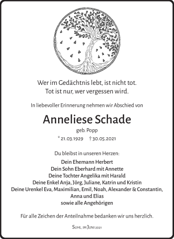 Traueranzeige von Anneliese Schade von Südthüringer Presse