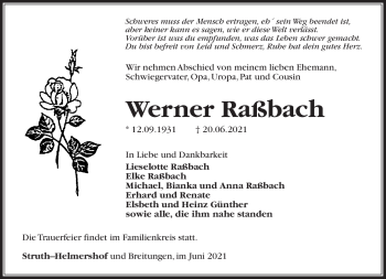 Traueranzeige von Werner Raßbach von Südthüringer Presse