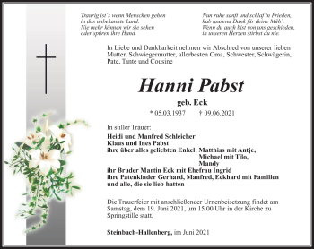 Traueranzeige von Hanni Pabst von Südthüringer Presse