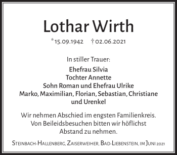 Traueranzeige von Lothar Wirth von Südthüringer Presse