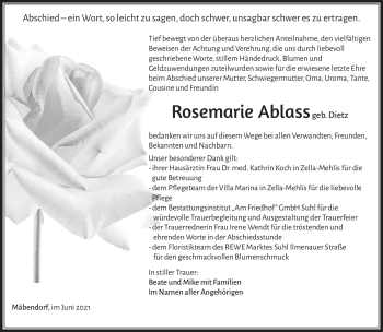 Traueranzeige von Rosemarie Ablass von Südthüringer Presse
