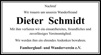 Traueranzeige von Dieter Schmidt von Südthüringer Presse