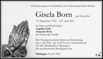 Traueranzeige von Gisela Born von Südthüringer Presse