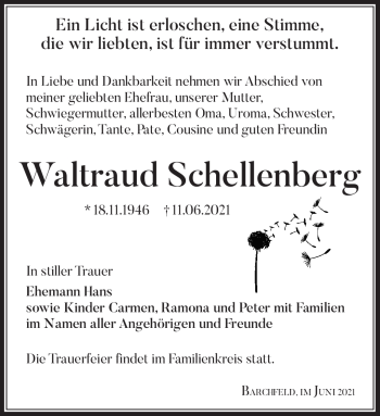 Traueranzeige von Waltraud Schellenberg von Südthüringer Presse