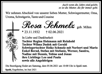 Traueranzeige von Rosa Schmelz von Südthüringer Presse