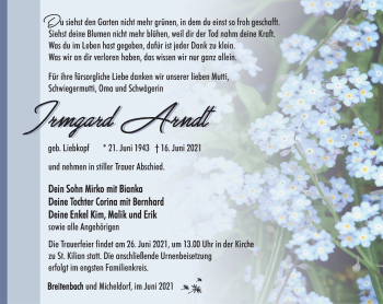 Traueranzeige von Irmgard Arndt von Südthüringer Presse