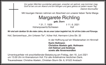Traueranzeige von Margarete Richling von Frankenpost