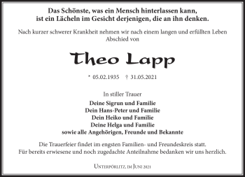 Traueranzeige von Theo Lapp von Südthüringer Presse