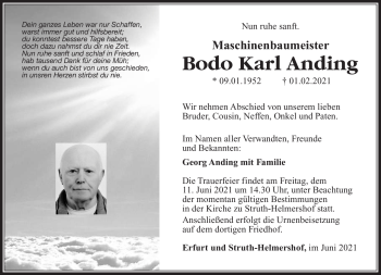 Traueranzeige von Bodo Karl Anding von Südthüringer Presse
