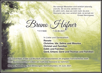 Traueranzeige von Bruno Häfner von Südthüringer Presse