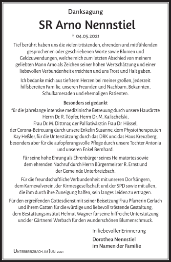 Traueranzeige von Arno Nennstiel von Südthüringer Presse