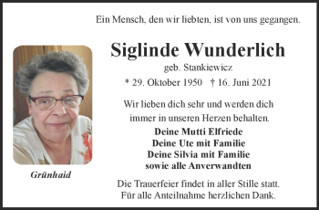 Traueranzeige von Siglinde Wunderlich von Frankenpost