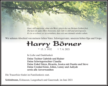 Traueranzeige von Harry Börner von Südthüringer Presse