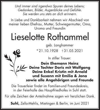 Traueranzeige von Lieselotte Rothammel von Südthüringer Presse