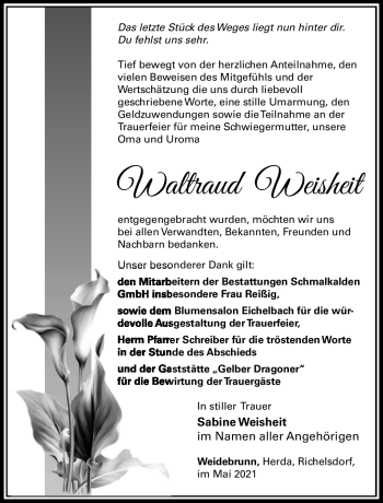 Traueranzeige von Waltraud Weisheit von Südthüringer Presse