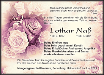Traueranzeige von Lothar Naß von Südthüringer Presse