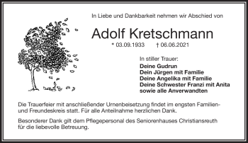 Traueranzeige von Adolf Kretschmann von Frankenpost