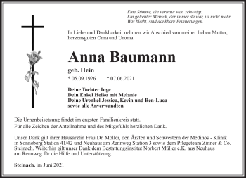 Traueranzeige von Anna Baumann von Südthüringer Presse