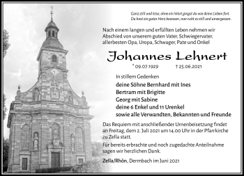 Traueranzeige von Johannes Lehnert von Südthüringer Presse