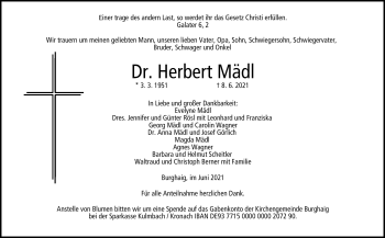 Traueranzeige von Herbert Mädl von Frankenpost
