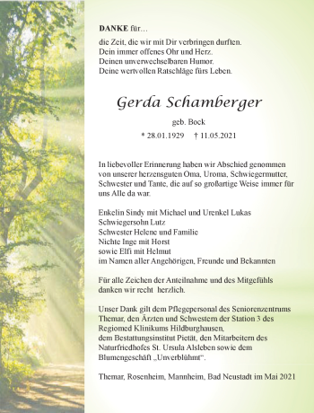 Traueranzeige von Gerda Schamberger von Südthüringer Presse