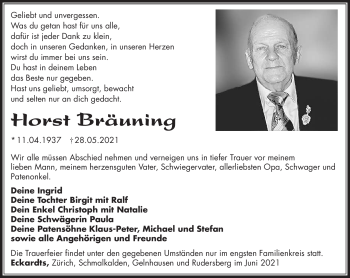 Traueranzeige von Horst Bräuning von Südthüringer Presse