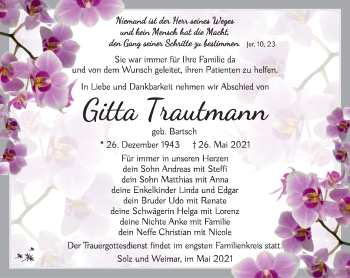 Traueranzeige von Gitta Trautmann von Südthüringer Presse