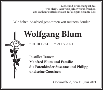 Traueranzeige von Wolfgang Blum von Südthüringer Presse