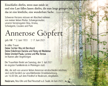 Traueranzeige von Annerose Göpfert von Südthüringer Presse