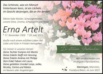 Traueranzeige von Erna Artelt von Südthüringer Presse