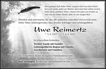 Traueranzeige von Uwe Reimertz von Südthüringer Presse