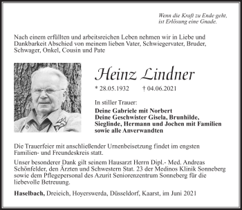 Traueranzeige von Heinz Lindner von Südthüringer Presse