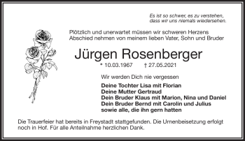 Traueranzeige von Jürgen Rosenberger von Frankenpost