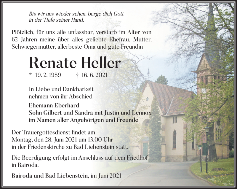  Traueranzeige für Renate Heller vom 24.06.2021 aus Südthüringer Presse