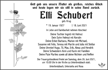 Traueranzeige von Elli Schubert von Südthüringer Presse