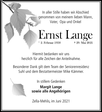 Traueranzeige von Ernst Lange von Südthüringer Presse