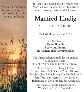Traueranzeige von Manfred Lindig von Frankenpost