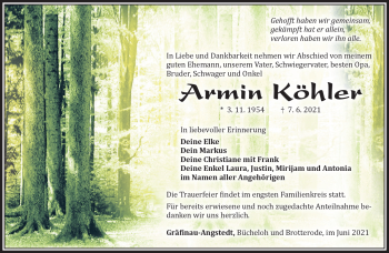 Traueranzeige von Armin Köhler von Südthüringer Presse
