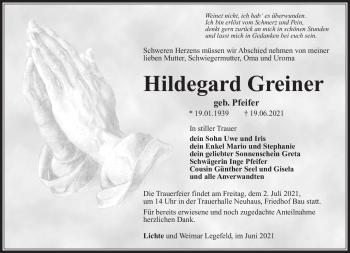 Traueranzeige von Hildegard Greiner von Südthüringer Presse