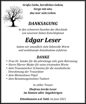 Traueranzeige von Edgar Leser von Südthüringer Presse