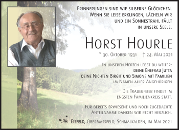 Traueranzeige von Horst Hourle von Südthüringer Presse